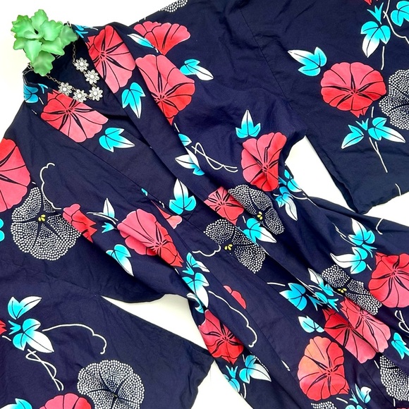 Japanese Floral Kimono Yukata Cotton Long Robe Navy Blue Red Morning Glory - Picture 2 of 11